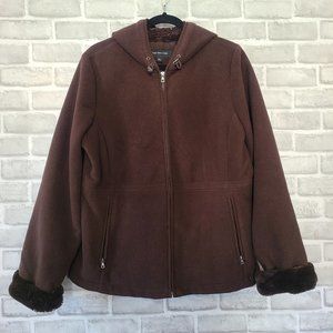 Jones New York Womens Hoodie Zipper Jacket Brown Fleece Size L Faux Fur Cuff